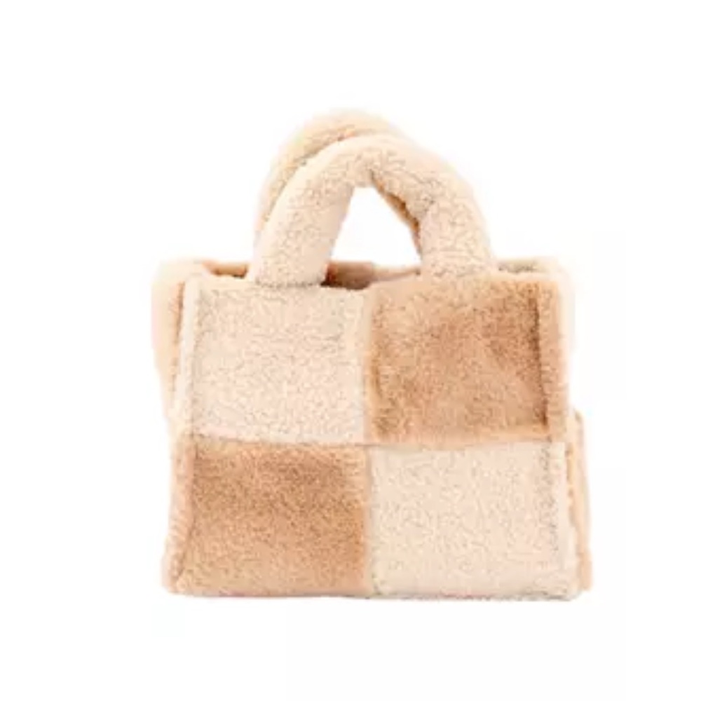 BCBG Tan & Cream Sherpa Mixed Media Boxed Satchel  Top Handle Crossbody Bag